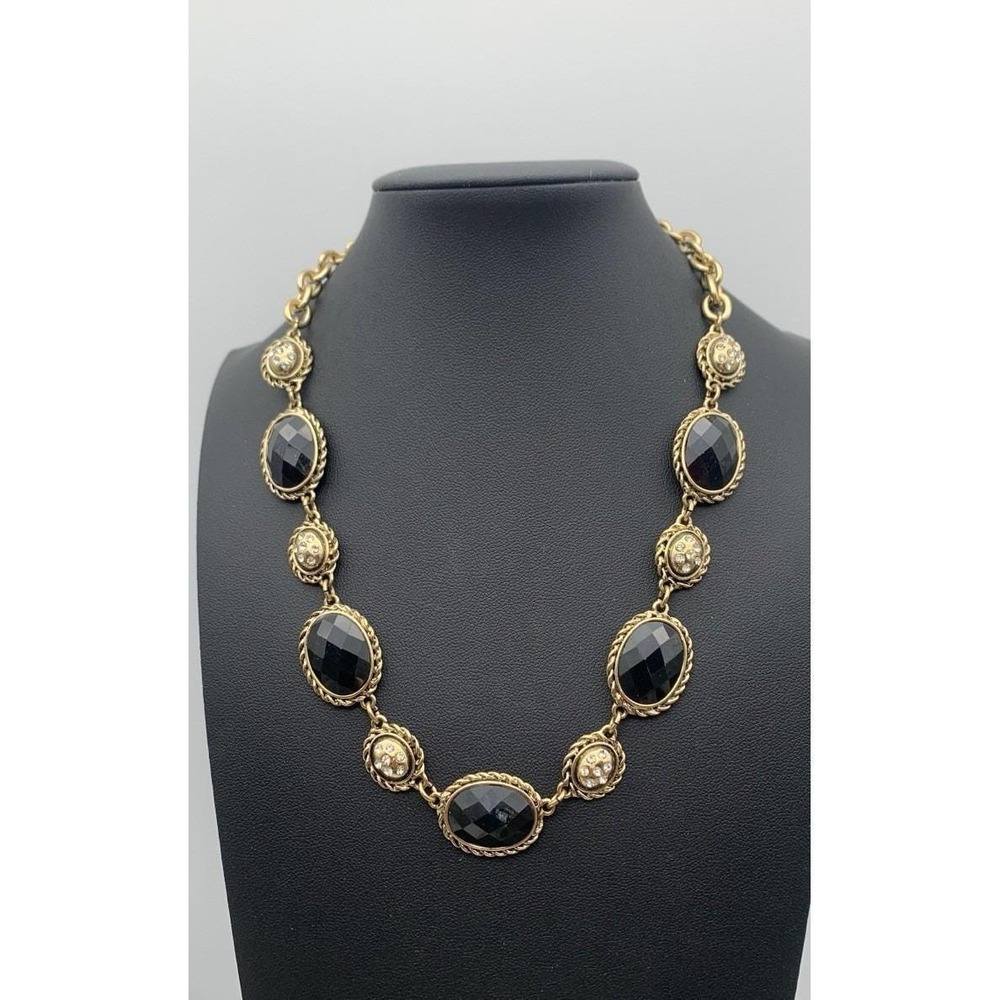 Vintage Glam Jones New York Gold Tone Black Faceted & Clear Rhinestone Necklace